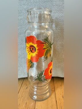 VTG 70s Floral Glass Bottle HandPainted Retro Cottagecore Vase